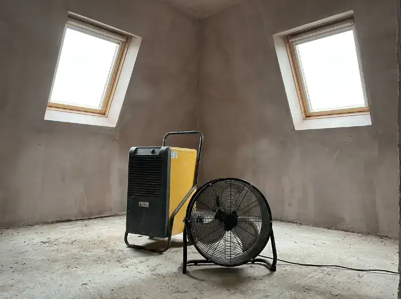Bouwdroger en ventilator in een pas gepleisterde ruimte met de ramen op kiepstand